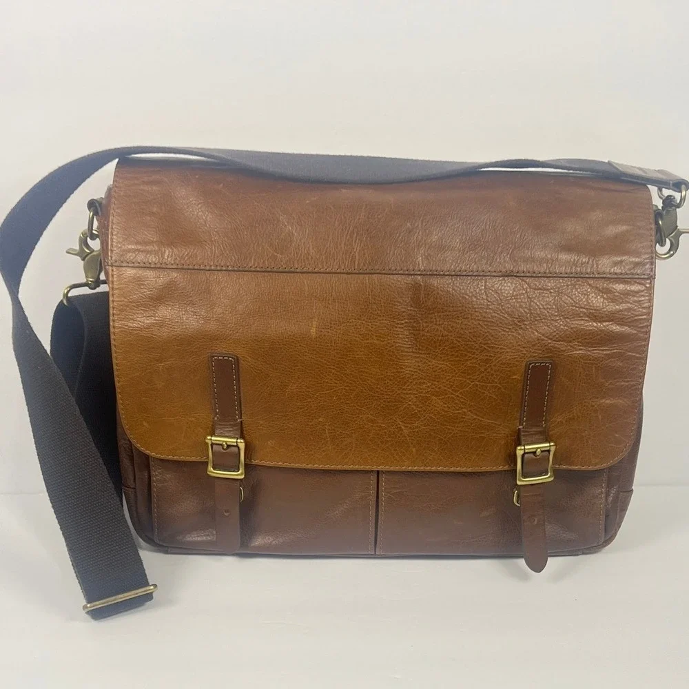 Fossil Defender Leather Messenger Bag Laptop Briefcase Crossbody Satchel Brown
